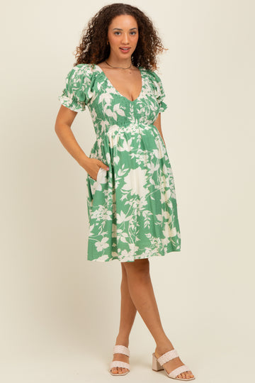 Light Olive Floral Smocked Puff Sleeve Maternity Dress