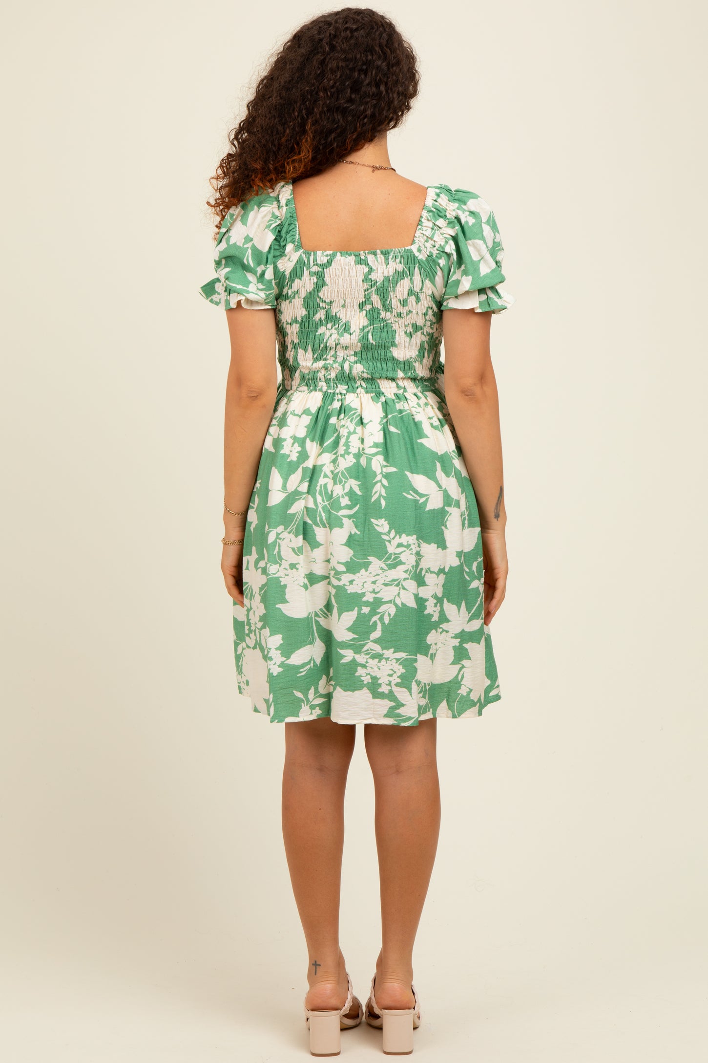 Light Olive Floral Smocked Puff Sleeve Maternity Dress