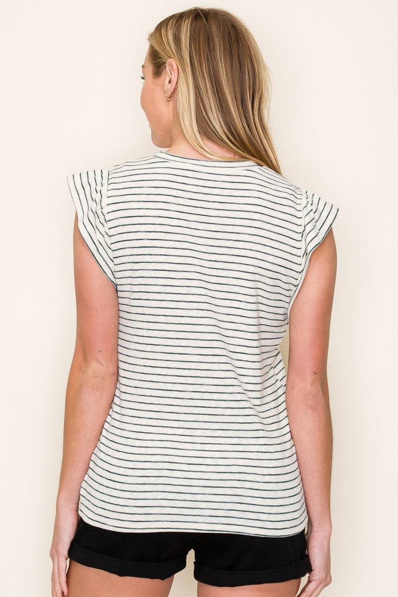 Forest Green Striped Flutter Sleeve Top
