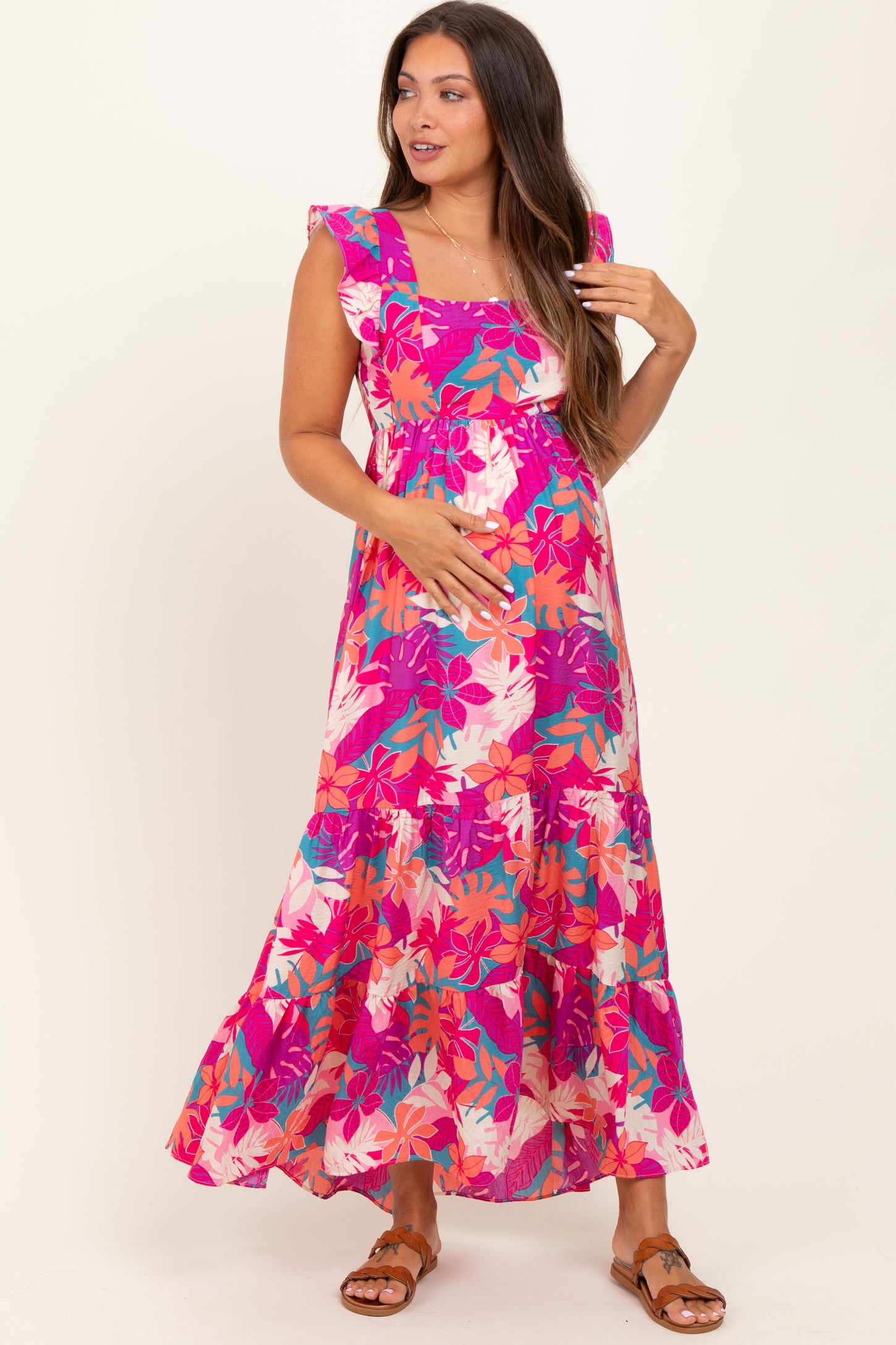 Magenta Tropical Floral Tiered Maternity Maxi Dress