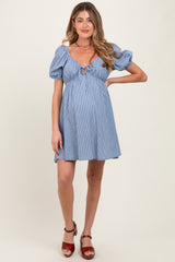 Blue Striped Chambray Front Tie Maternity Mini Dress