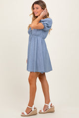 Blue Striped Chambray Front Tie Mini Dress