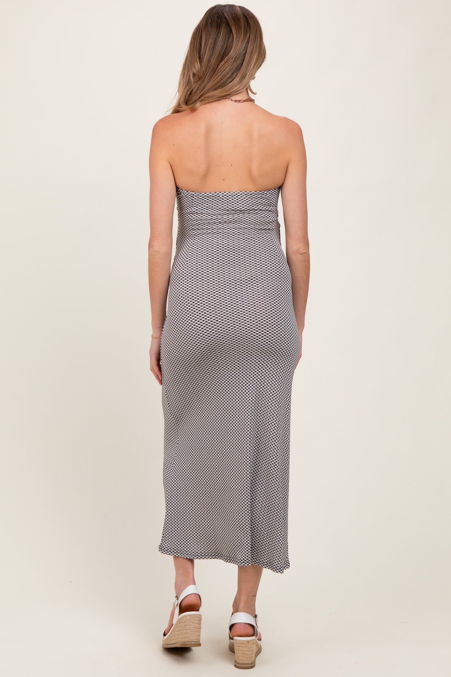 Black Gingham Strapless Side Tie Maternity Maxi Dress