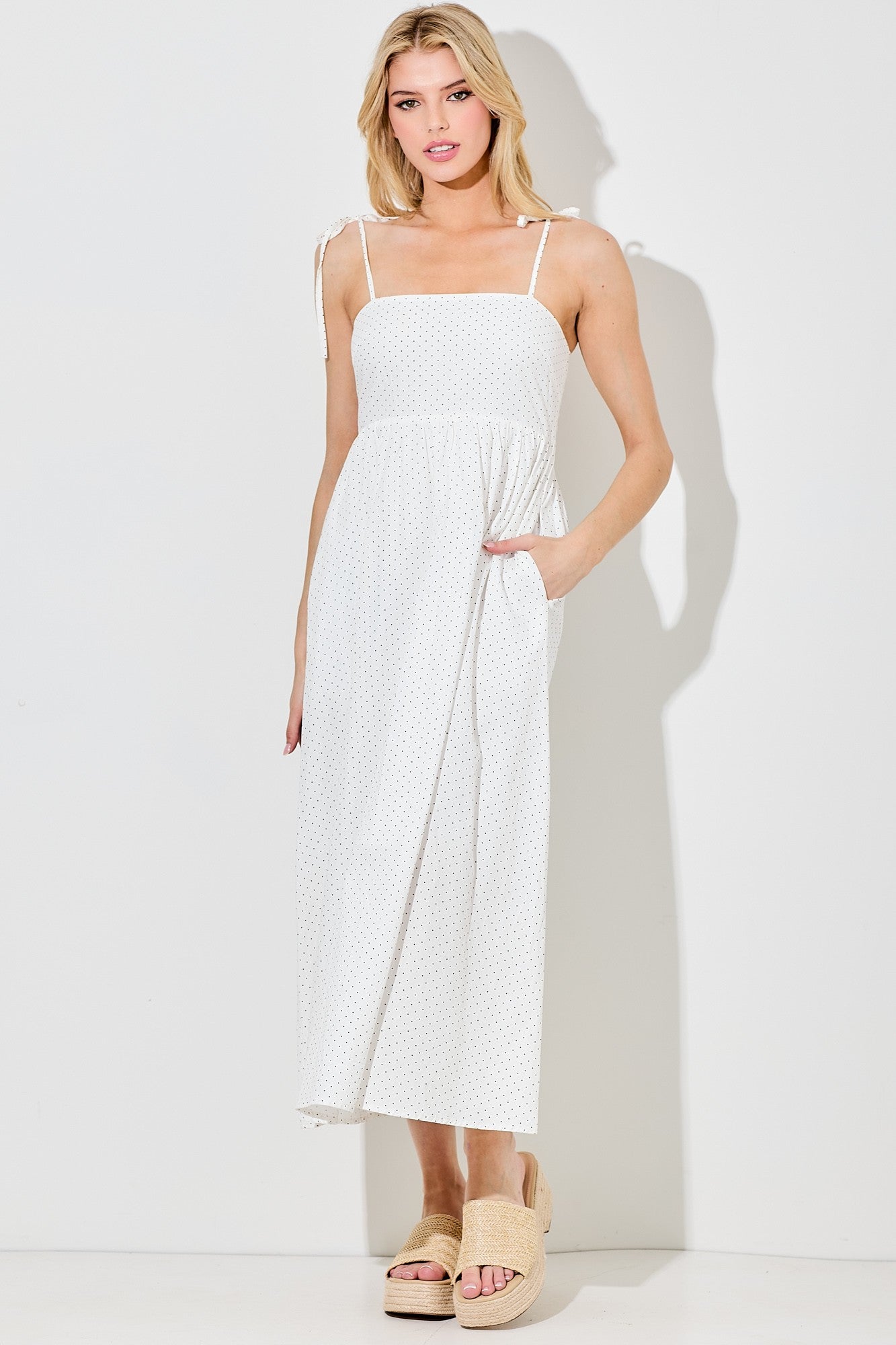 Ivory Polka Dot Shoulder Tie Maternity Midi Dress