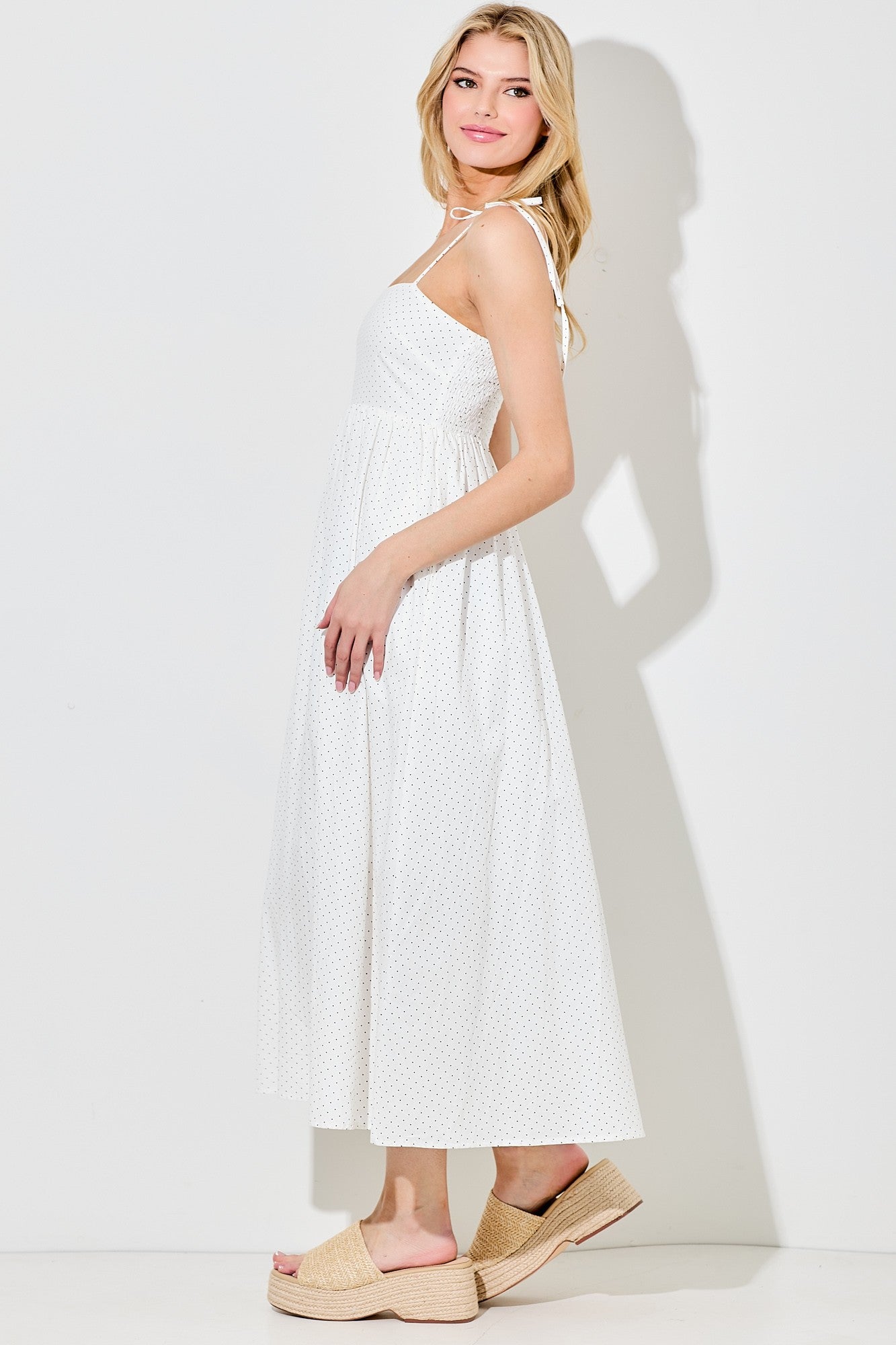 Ivory Polka Dot Shoulder Tie Midi Dress
