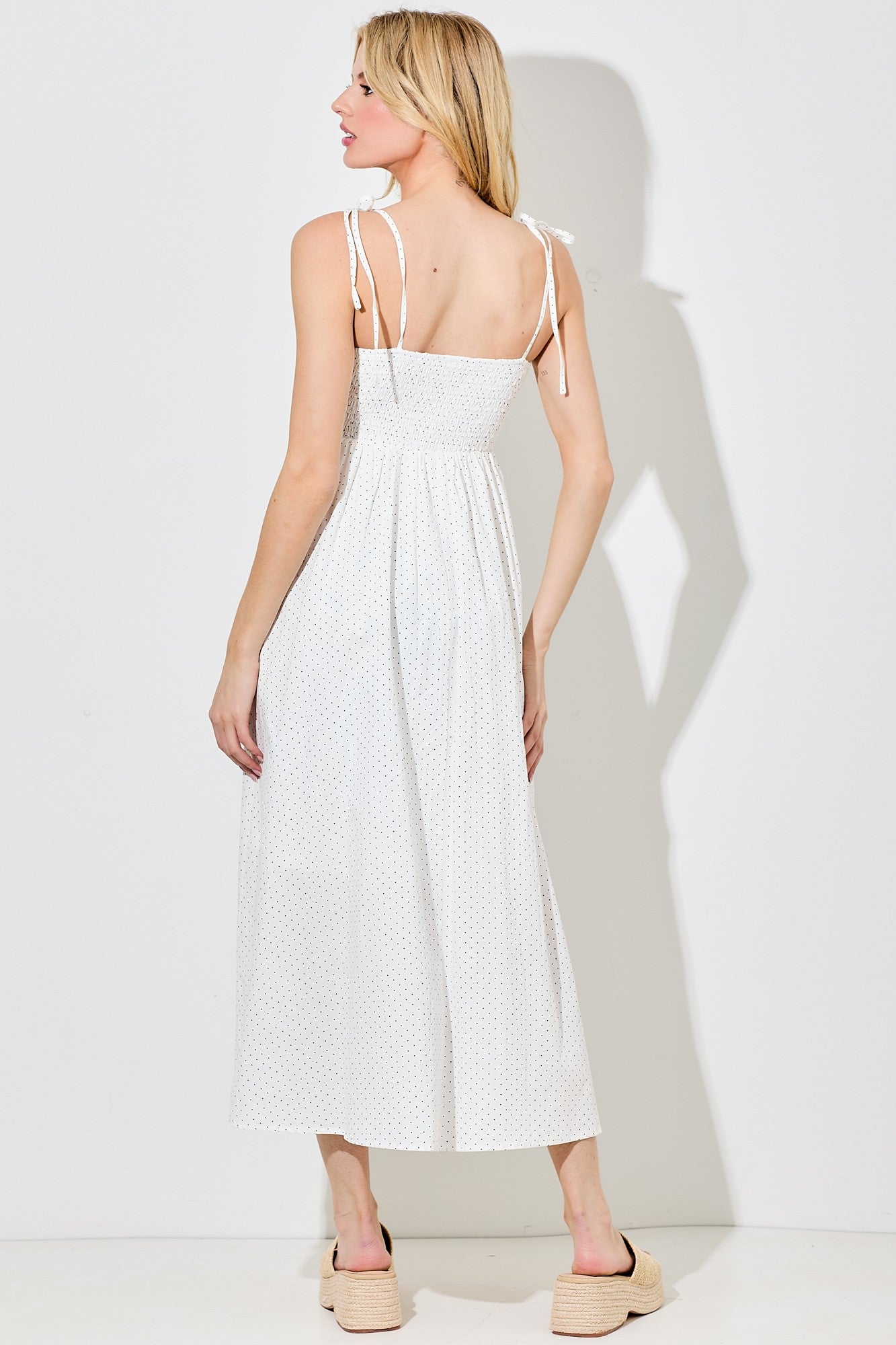 Ivory Polka Dot Shoulder Tie Midi Dress