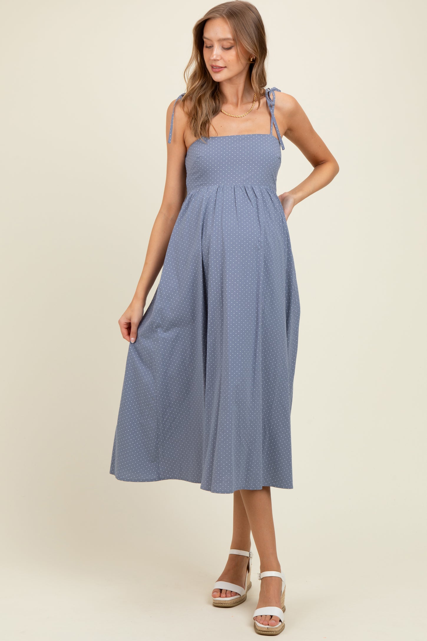Blue Polka Dot Shoulder Tie Maternity Midi Dress