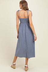 Blue Polka Dot Shoulder Tie Maternity Midi Dress