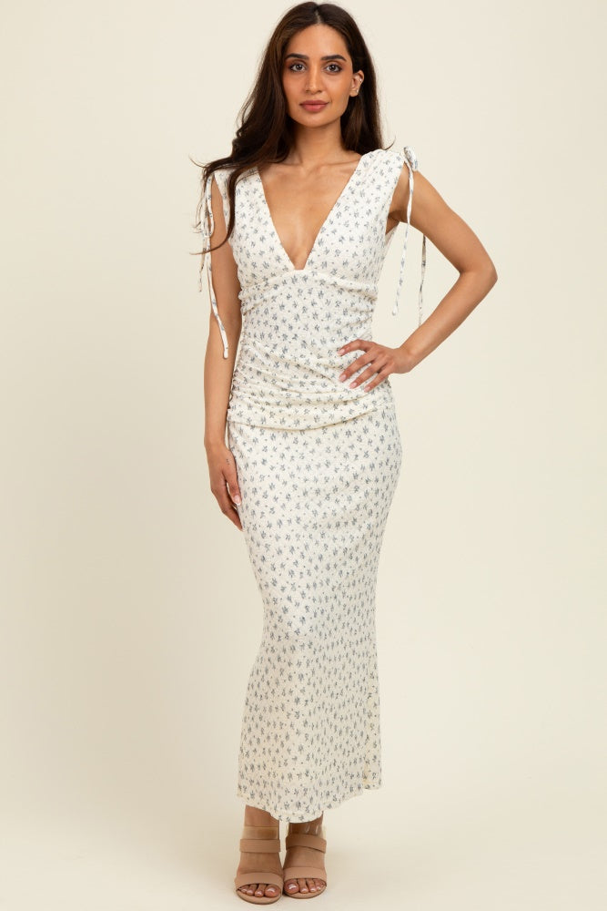 Cream Floral V-Neck Shoulder Tie Maternity Midi Dress