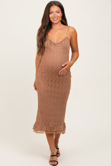 Mocha Lace Overlay Sweetheart Neckline Maternity Midi Dress