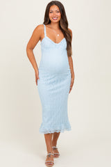 Light Blue Lace Overlay Sweetheart Neckline Maternity Midi Dress