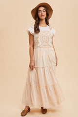 Cream Embroidered Ruffle Tiered Apron Maternity Dress