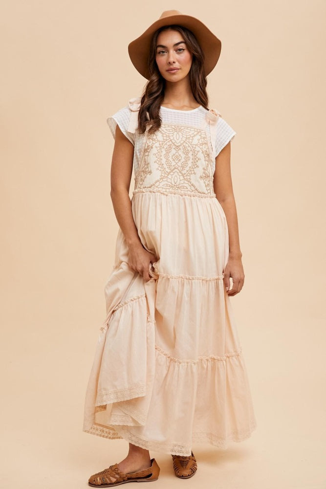 Cream Embroidered Ruffle Tiered Apron Dress