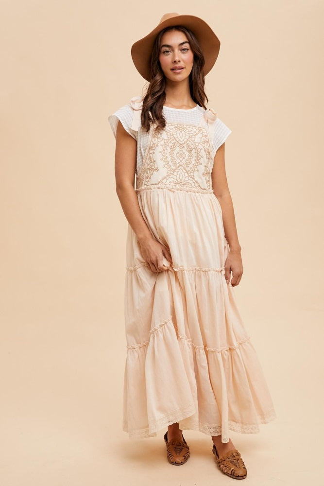 Cream Embroidered Ruffle Tiered Apron Dress