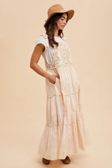 Cream Embroidered Ruffle Tiered Apron Dress