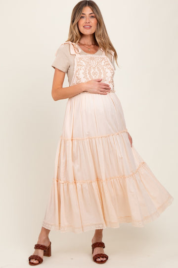Cream Embroidered Ruffle Tiered Apron Maternity Dress