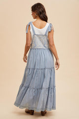 Blue Embroidered Ruffle Tiered Apron Dress