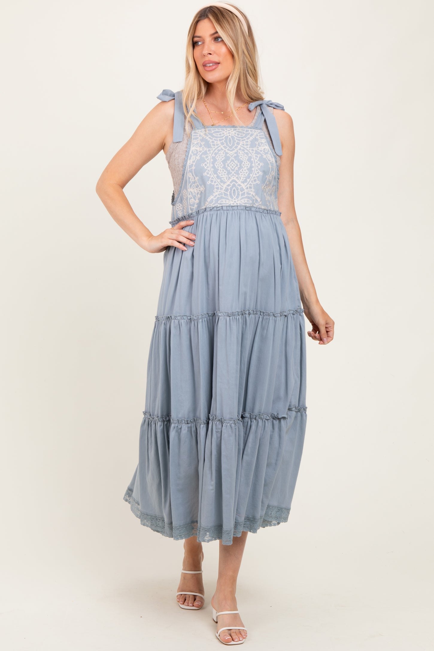 Blue Embroidered Ruffle Tiered Apron Maternity Dress