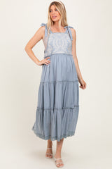 Blue Embroidered Ruffle Tiered Apron Maternity Dress