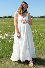 White Embroidered Front Bow Tie Maternity Maxi Dress