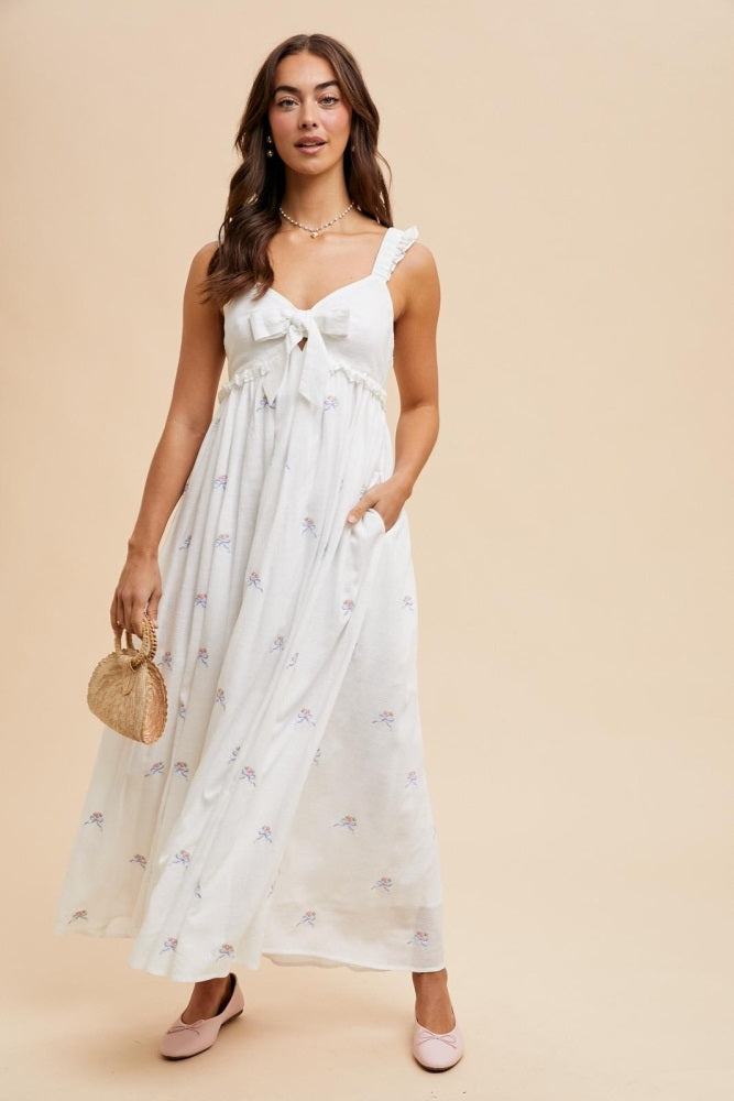 White Embroidered Front Bow Tie Maternity Maxi Dress