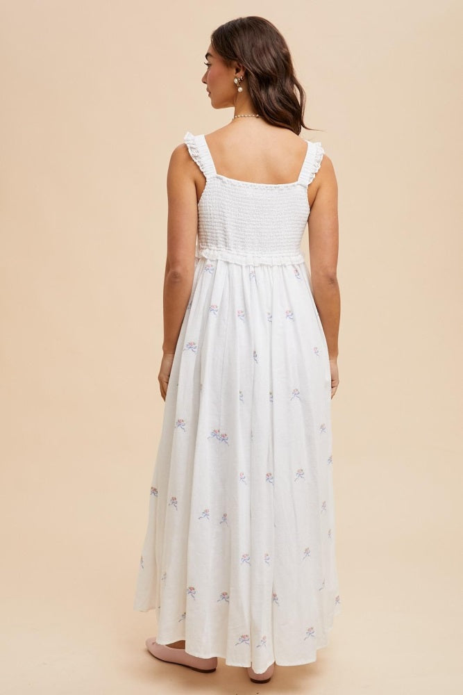 White Embroidered Front Bow Tie Maxi Dress