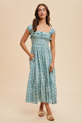 Light Olive Floral Smocked Ruffle Detail Midi Dress