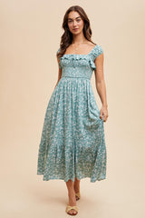 Light Olive Floral Smocked Ruffle Detail Midi Dress
