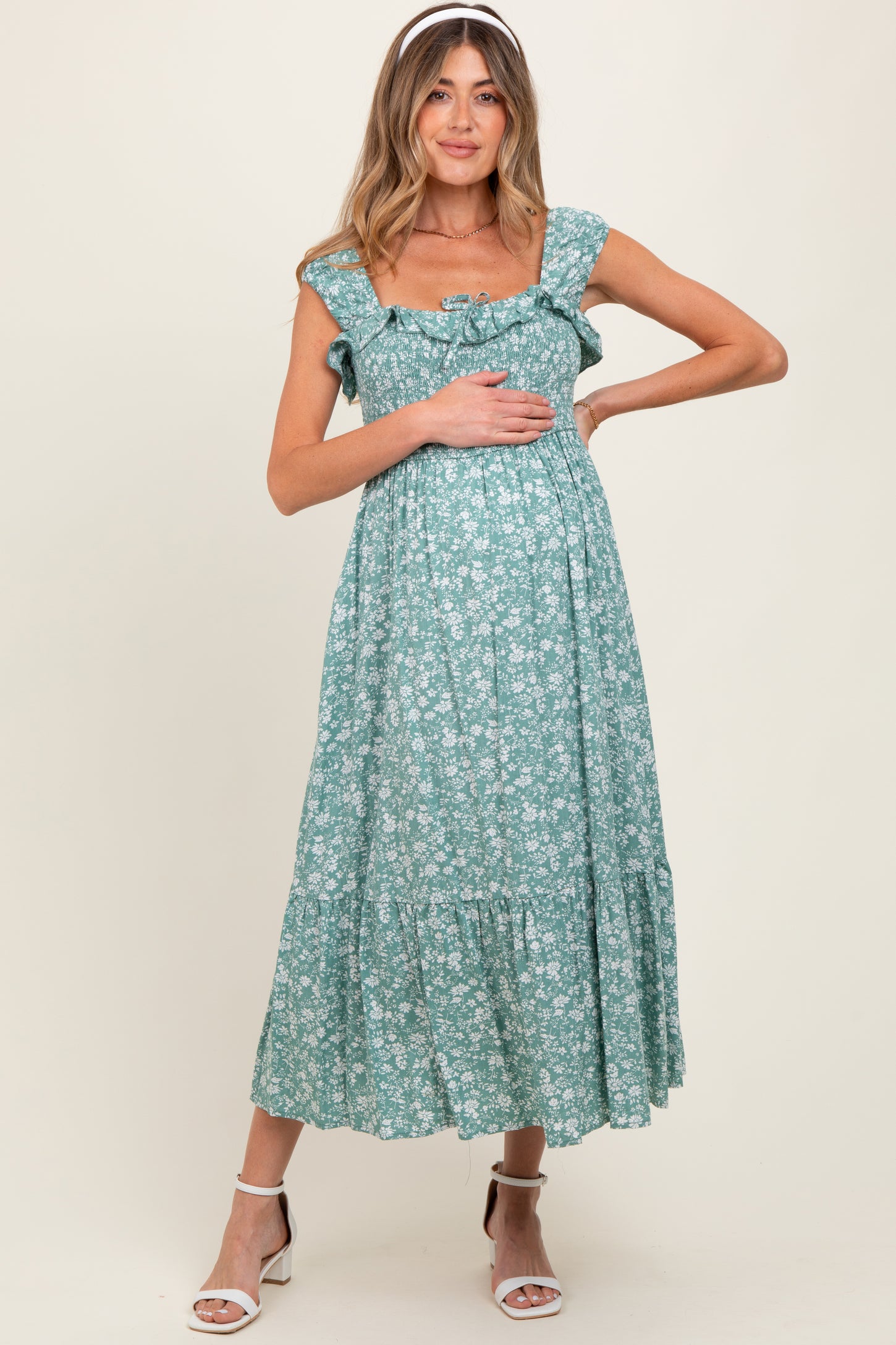 Light Olive Floral Smocked Ruffle Detail Maternity Midi Dress