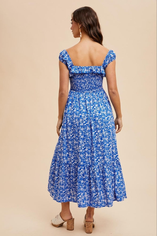 Royal Blue Floral Smocked Ruffle Detail Midi Dress
