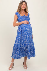 Royal Blue Floral Smocked Ruffle Detail Maternity Midi Dress
