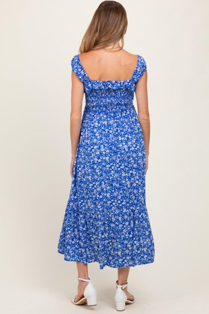 Royal Blue Floral Smocked Ruffle Detail Maternity Midi Dress