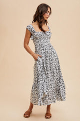 White Floral Smocked Ruffle Detail Midi Dress