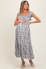 White Floral Smocked Ruffle Detail Maternity Midi Dress