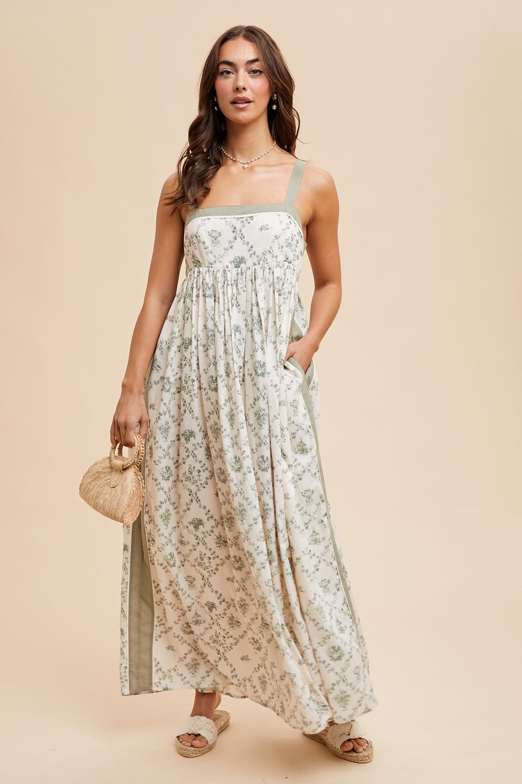 Light Olive Floral Sleeveless Side Panel Maxi Dress