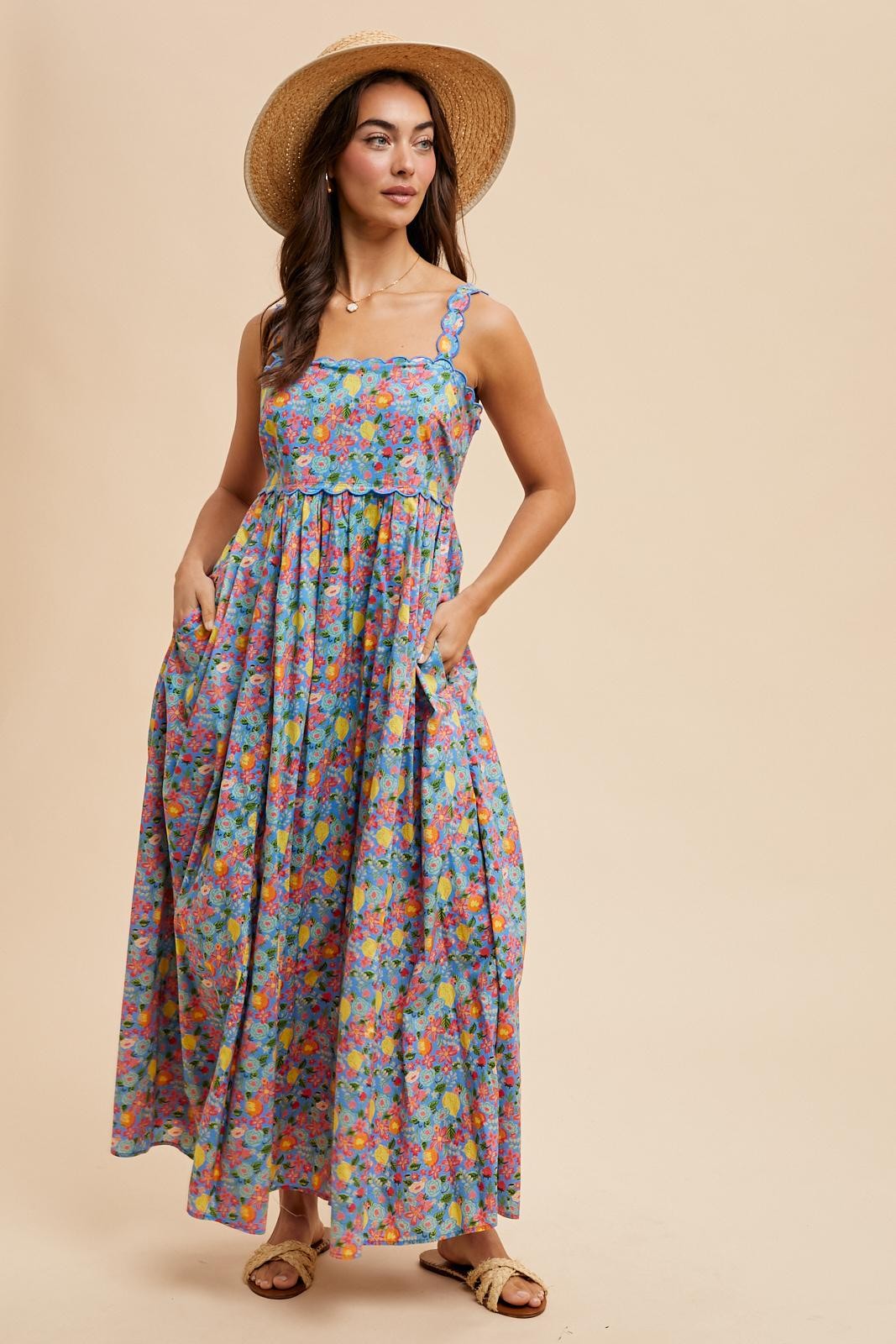 Blue Floral Scallop Detail Sleeveless Maxi Dress