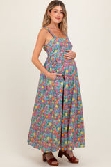Blue Floral Scallop Detail Sleeveless Maternity Maxi Dress