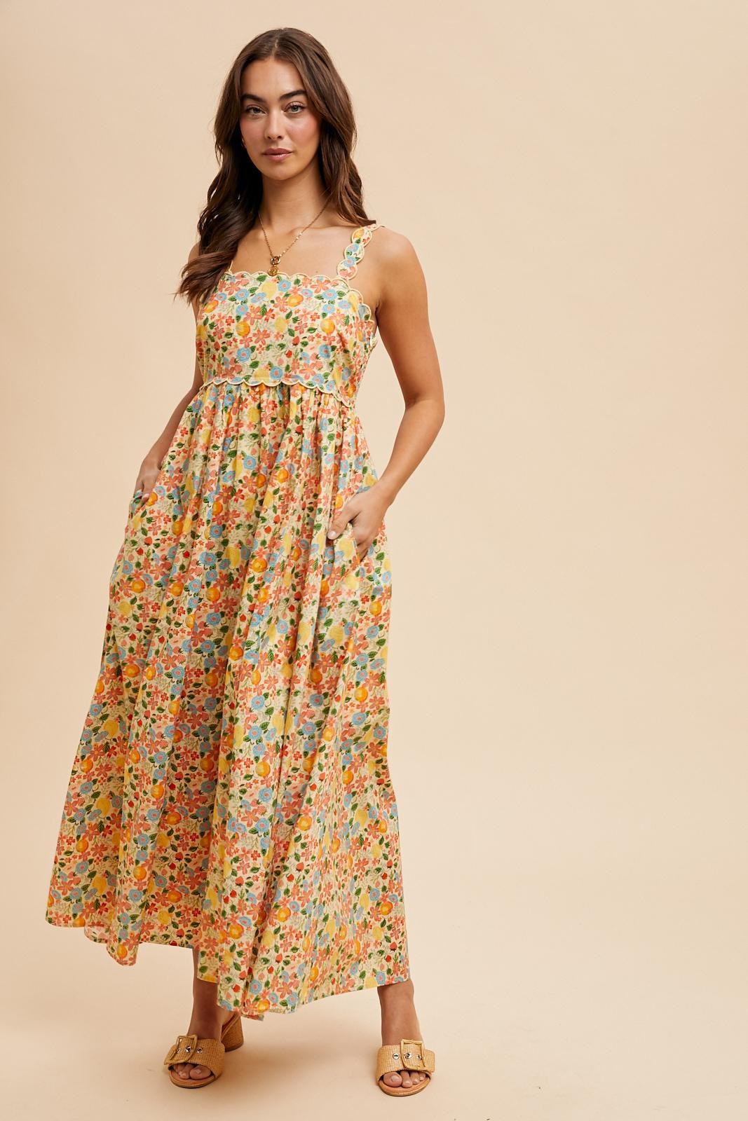 Yellow Floral Scallop Detail Sleeveless Maxi Dress