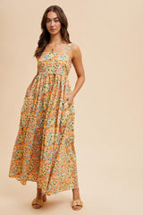 Yellow Floral Scallop Detail Sleeveless Maxi Dress