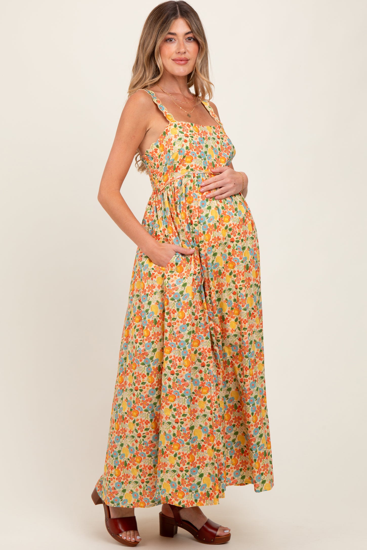 Yellow Floral Scallop Detail Sleeveless Maternity Maxi Dress
