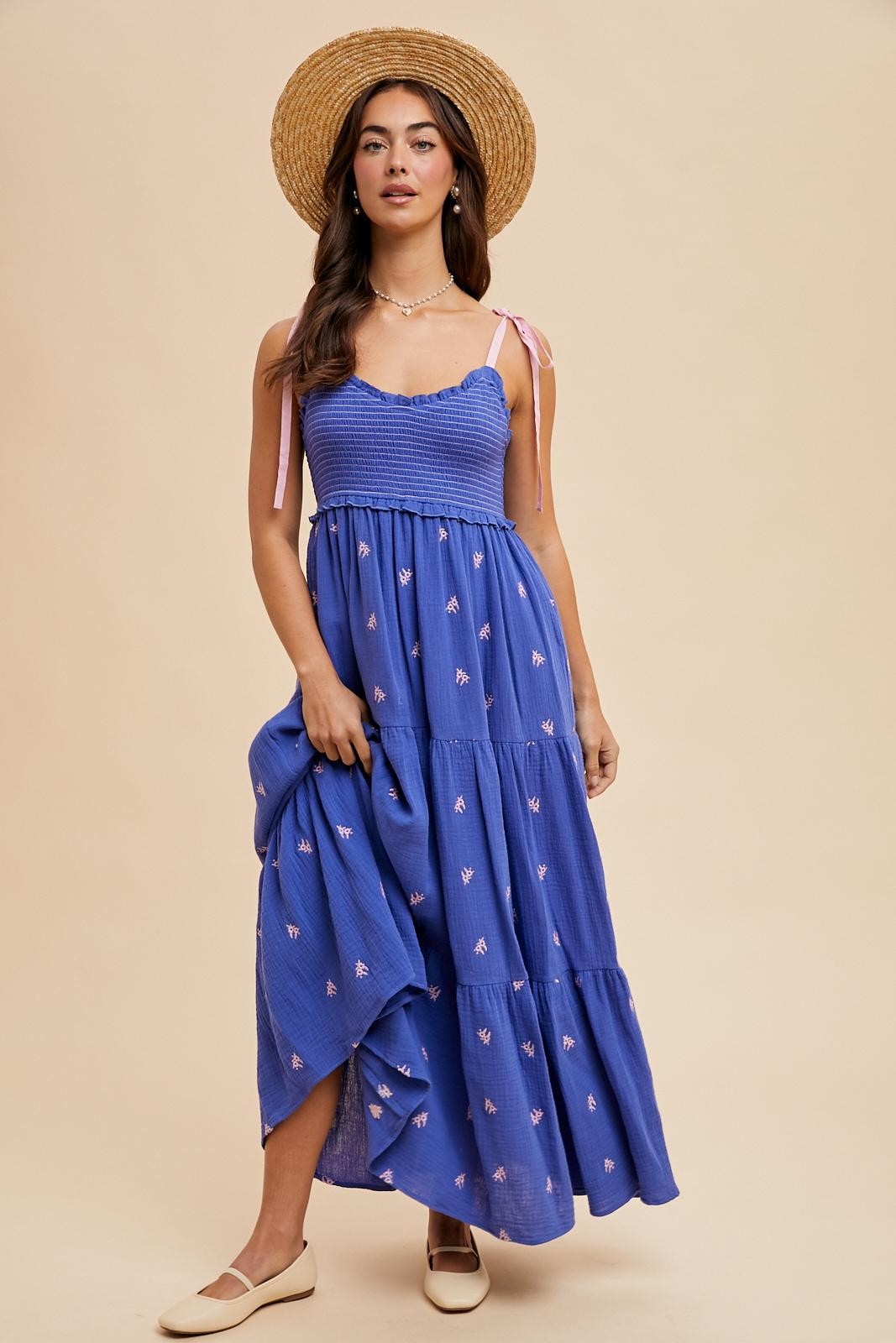 Royal Blue Embroidered Smocked Shoulder Tie Maxi Dress