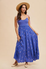 Royal Blue Embroidered Smocked Shoulder Tie Maxi Dress