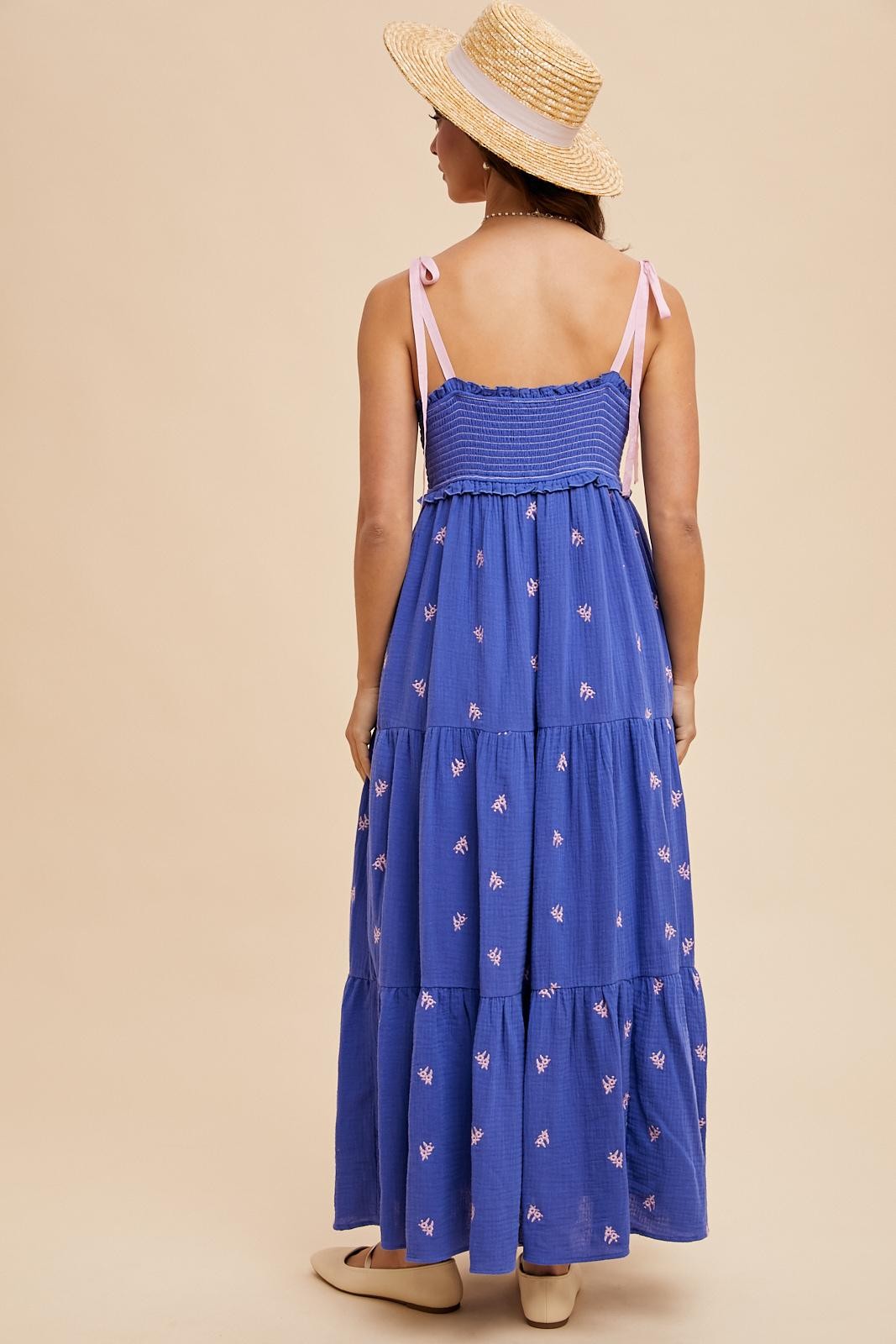 Royal Blue Embroidered Smocked Shoulder Tie Maxi Dress