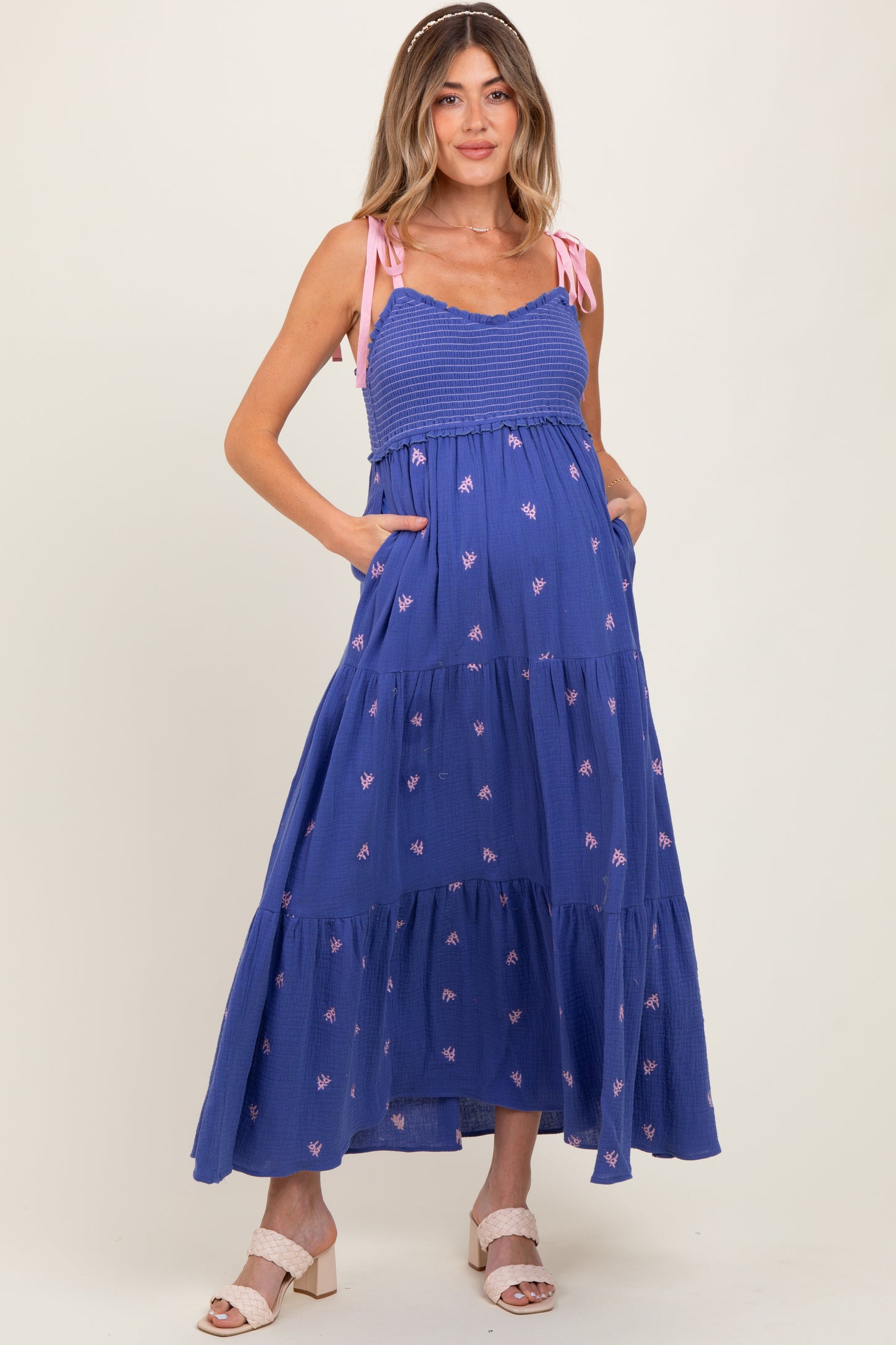 Royal Blue Embroidered Smocked Shoulder Tie Maternity Maxi Dress