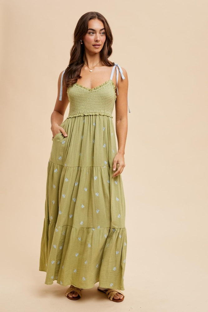 Light Olive Embroidered Smocked Shoulder Tie Maxi Dress