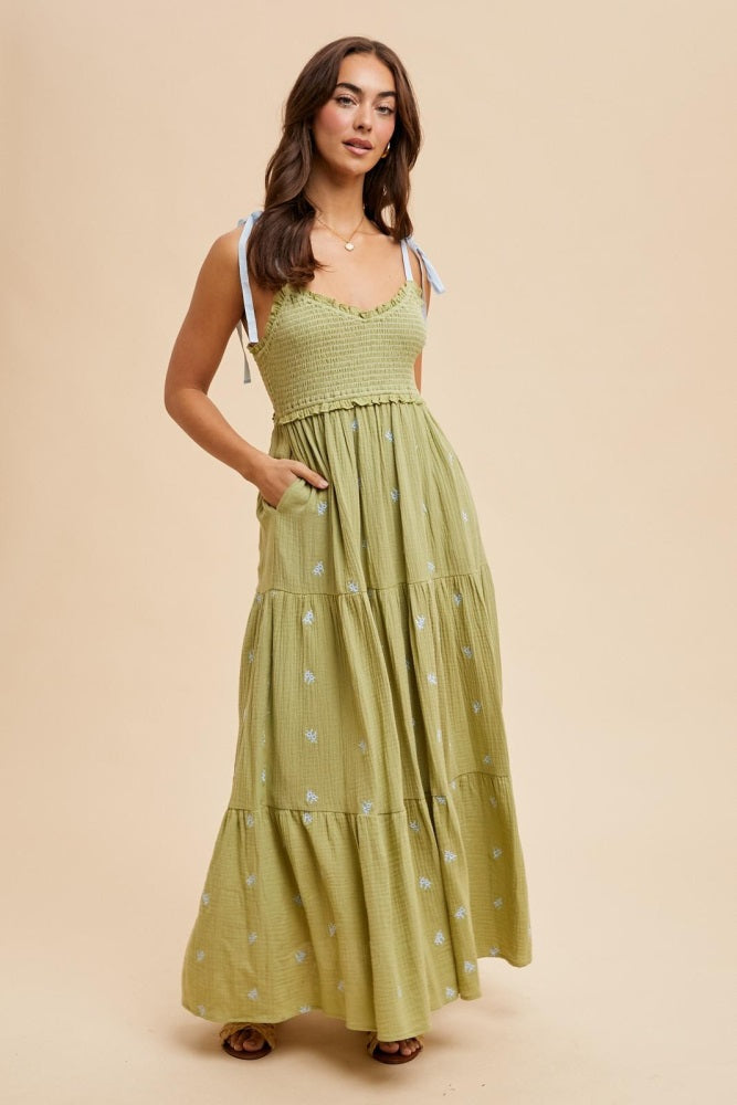 Light Olive Embroidered Smocked Shoulder Tie Maxi Dress