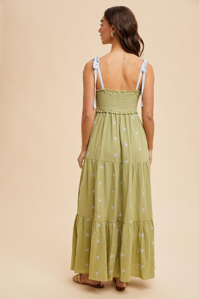 Light Olive Embroidered Smocked Shoulder Tie Maxi Dress