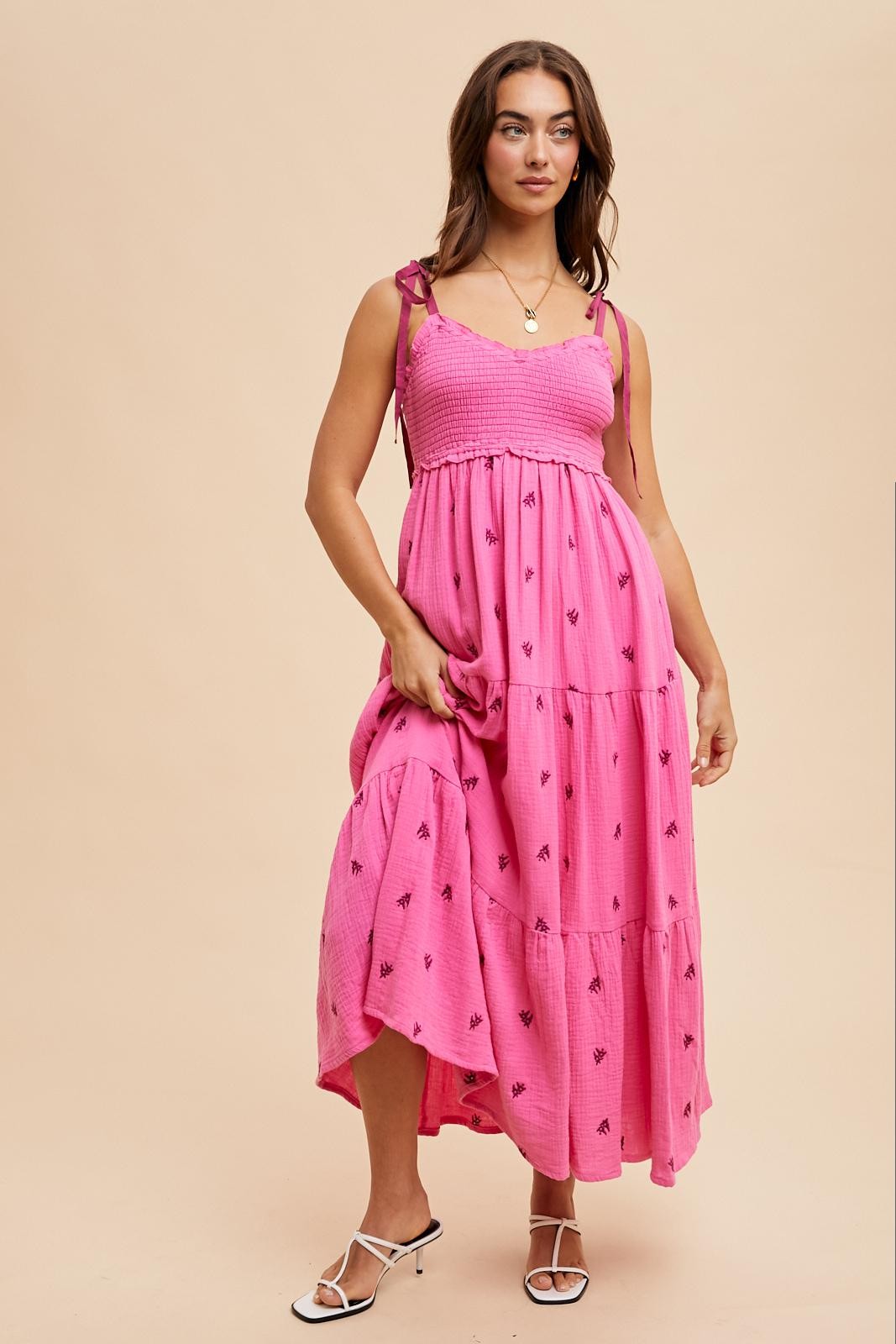 Pink Embroidered Smocked Shoulder Tie Maxi Dress