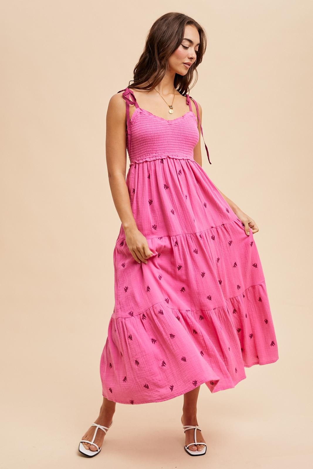 Pink Embroidered Smocked Shoulder Tie Maxi Dress