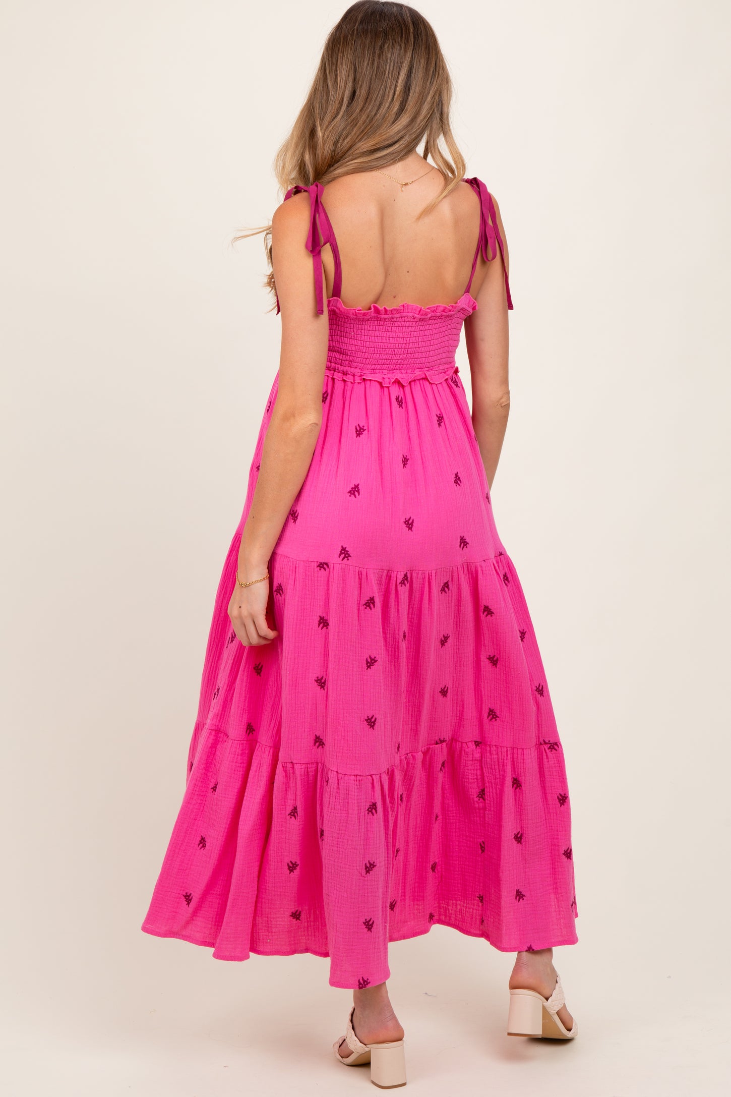 Pink Embroidered Smocked Shoulder Tie Maternity Maxi Dress